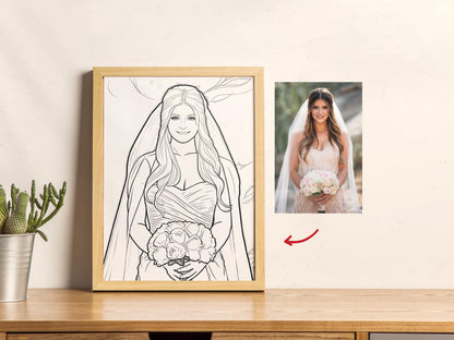 Framed line drawing of a bride next to a photo of a real bride holding flowers.
