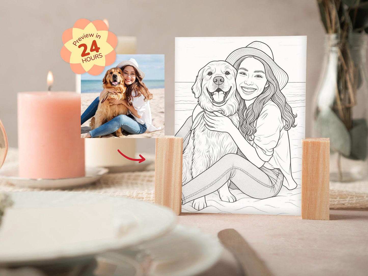 Coloring book with a drawing of a woman and dog, next to a photo of the same scene.