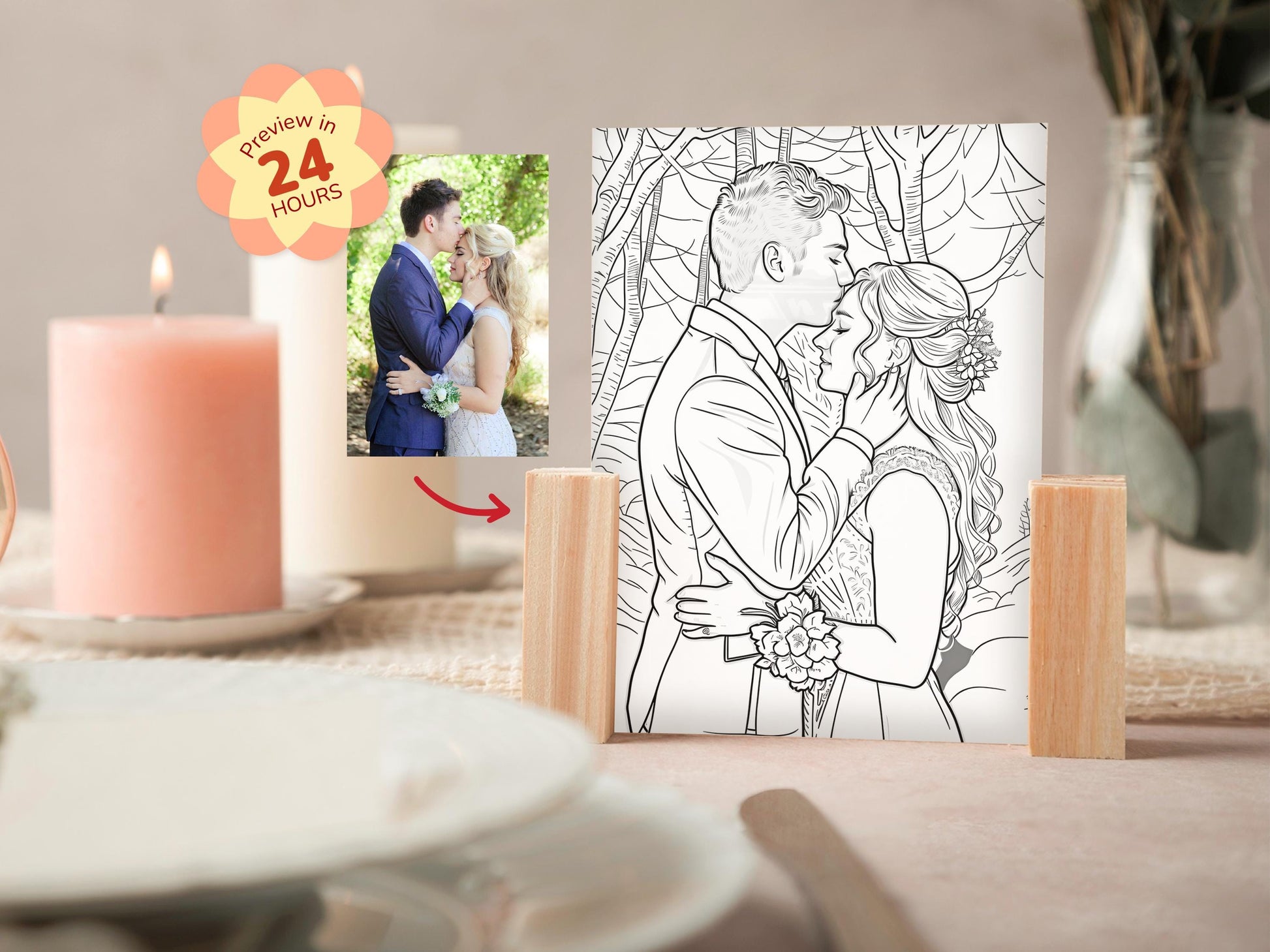 Coloring book with a couple illustration and a photo of a couple embracing on a table.