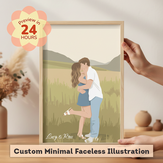 Framed illustration of a couple embracing in a field, held by a hand.