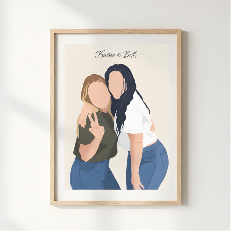 Framed illustration of two people hugging with 'Basion & Beth' text on a white wall.