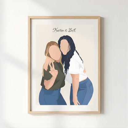 Framed illustration of two people hugging with 'Basion & Beth' text on a white wall.