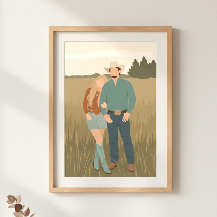 Framed artwork of a couple in a field on a white wall