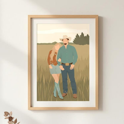 Framed artwork of a couple in a field on a white wall