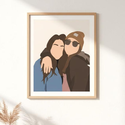 Framed illustration of two people embracing on a white wall.