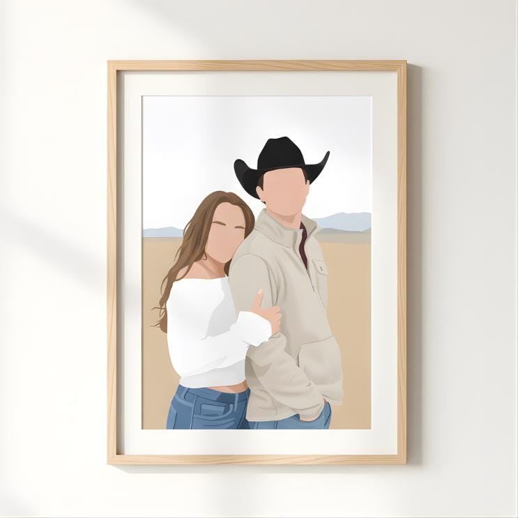 Framed illustration of a couple, one wearing a cowboy hat, on a white wall.