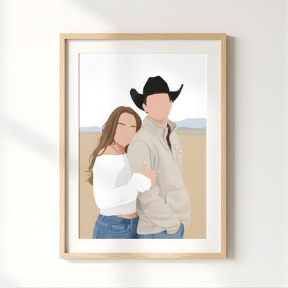 Framed illustration of a couple, one wearing a cowboy hat, on a white wall.