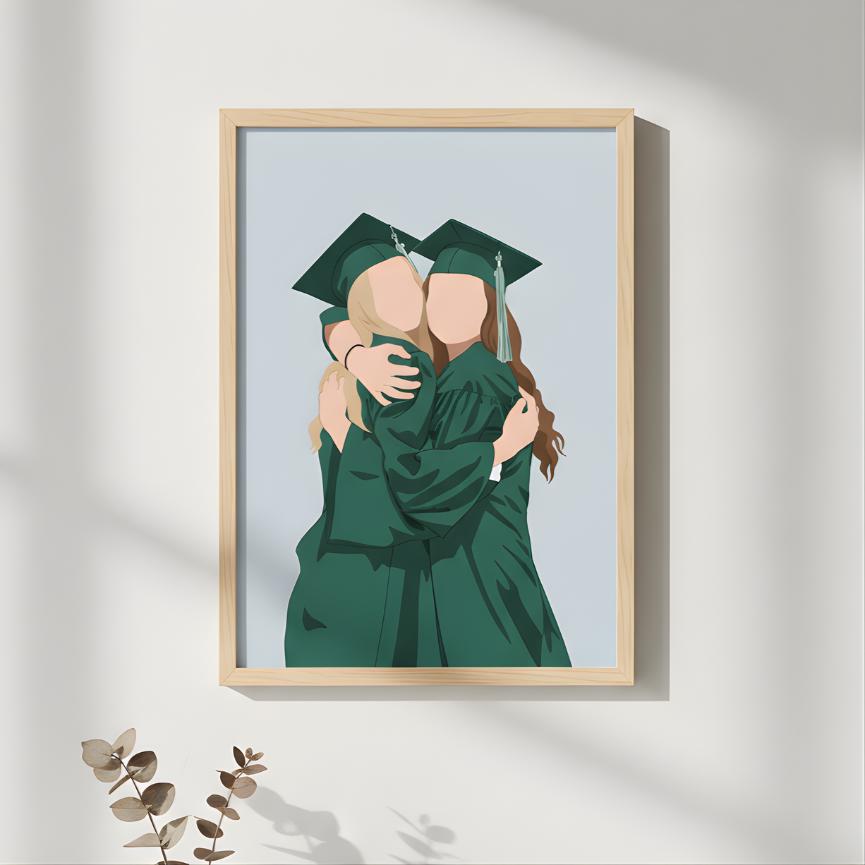Framed artwork of two graduates hugging on a light gray background