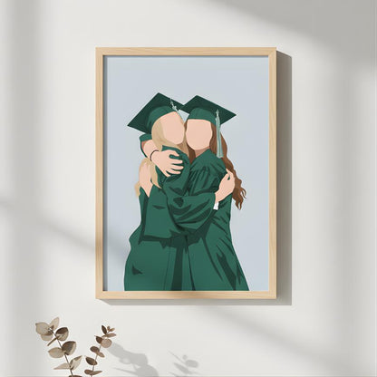 Framed artwork of two graduates hugging on a light gray background