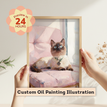 Framed custom oil painting illustration of a cat held by two hands with a 'Preview in 24 Hours' label.