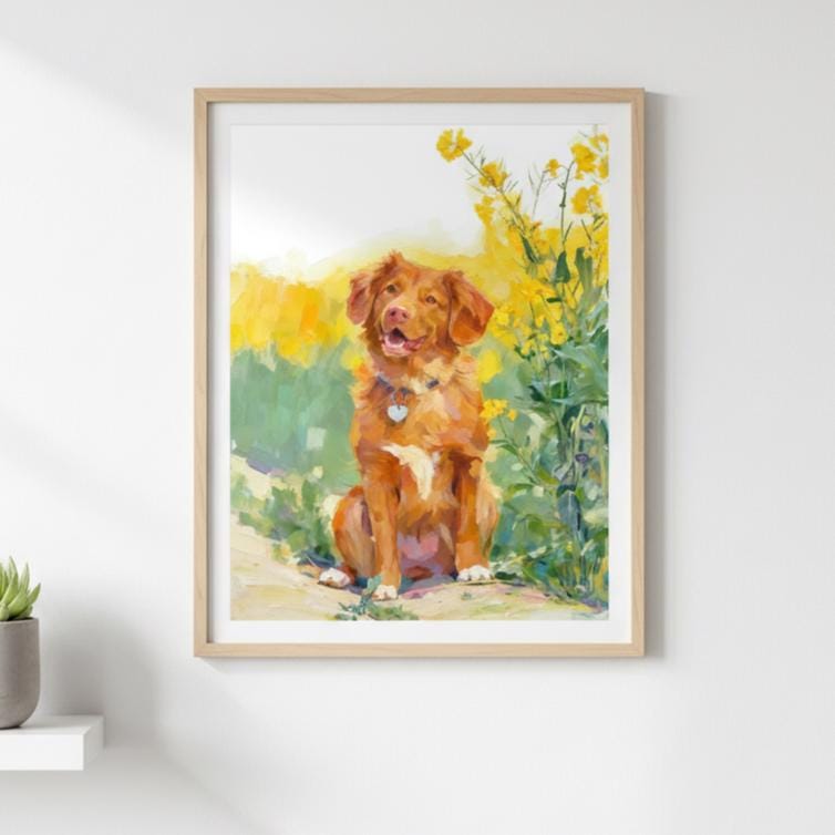 Framed artwork of a dog sitting among flowers on a white wall.