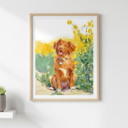 Framed artwork of a dog sitting among flowers on a white wall.