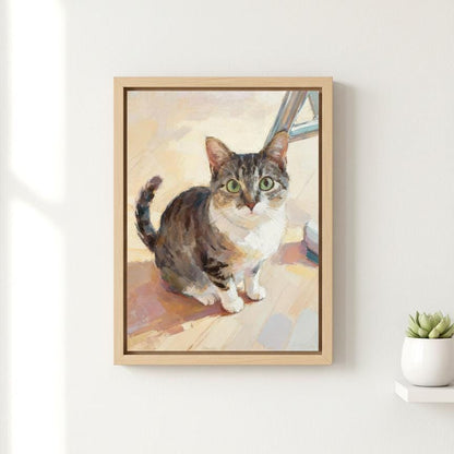 Framed artwork of a cat on a wall with a plant below