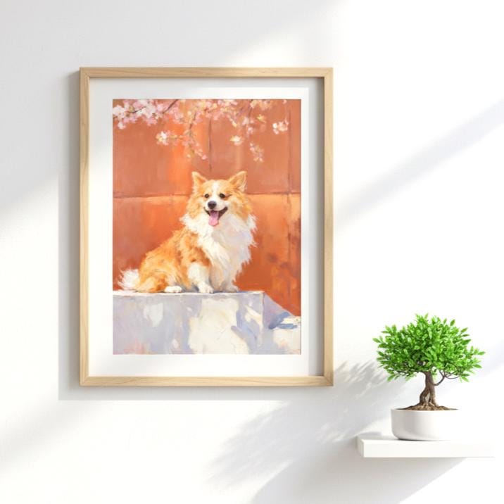 Framed artwork of a dog on a wall with a plant below