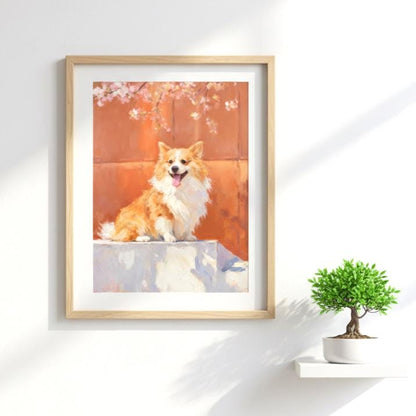 Framed artwork of a dog on a wall with a plant below