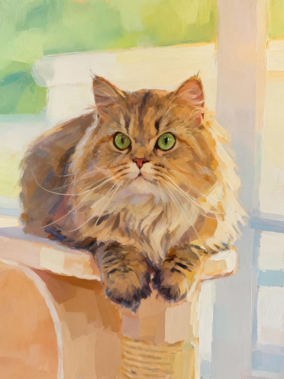 Painting of a fluffy cat sitting on a chair with a blurred outdoor background