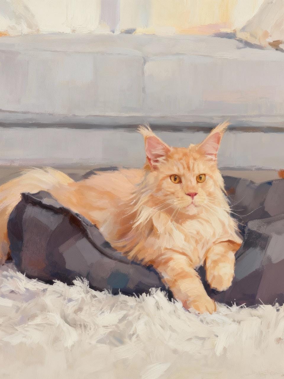 Orange cat lying on a fluffy white rug with a gray couch in the background