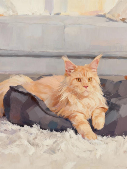 Orange cat lying on a fluffy white rug with a gray couch in the background
