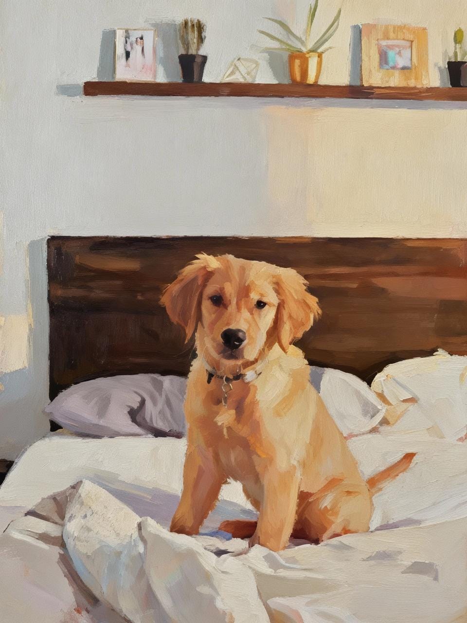 Painting of a golden retriever sitting on a bed with a wooden headboard.