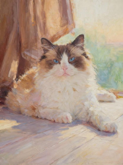 Painting of a fluffy cat with blue eyes on a wooden floor