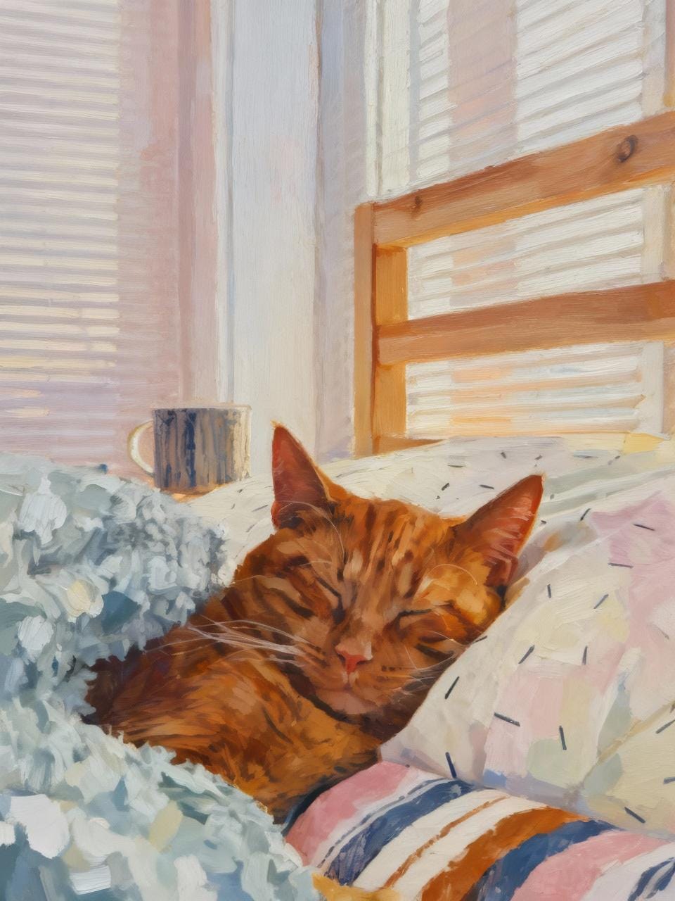 Cat sleeping on a bed with floral bedding and wooden headboard