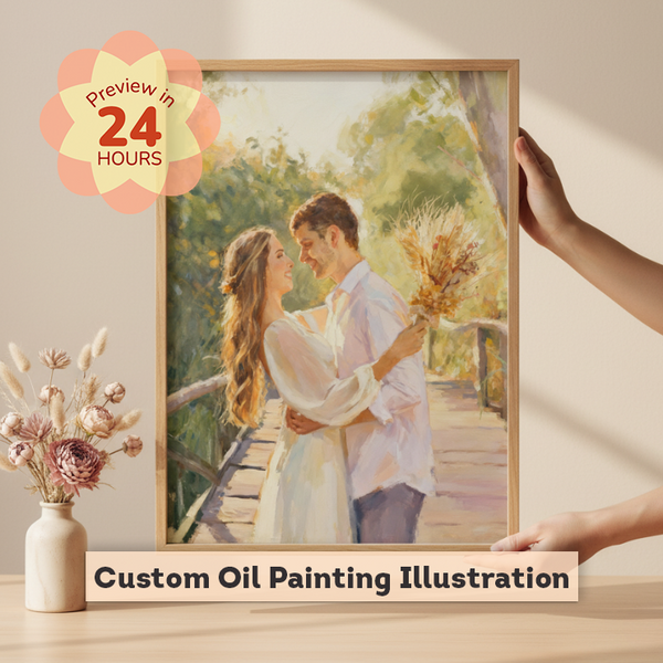 Framed custom oil painting illustration of a couple on a bridge with text overlay.