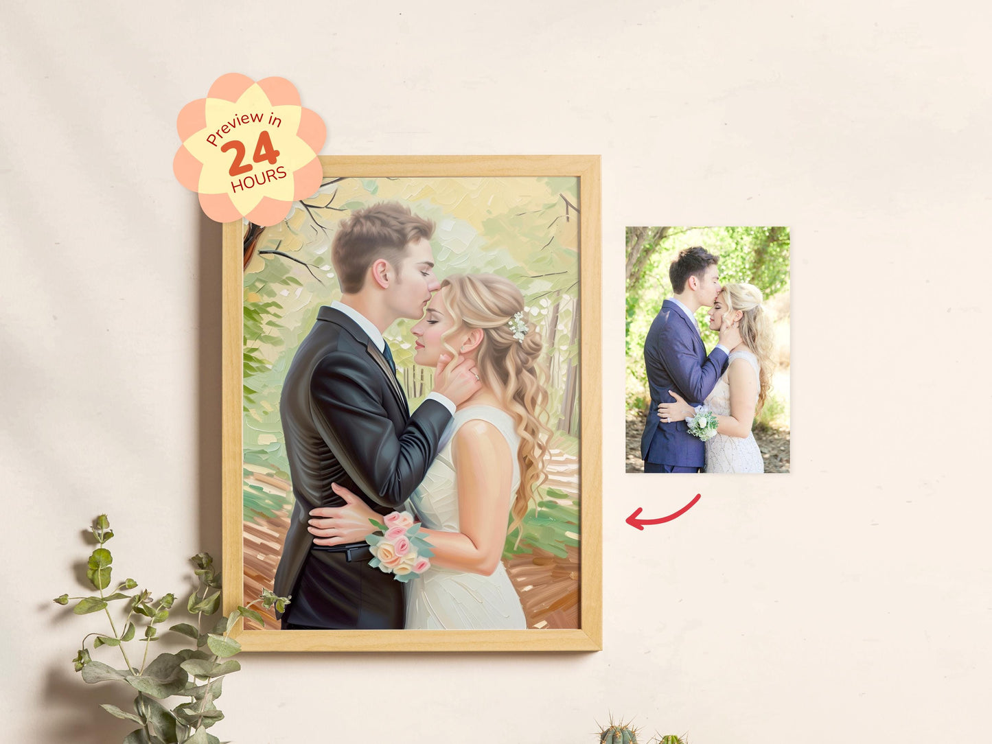 Framed photograph of a couple embracing with a 'Review in 24 Hours' badge, and a smaller inset photo of the same couple outdoors.
