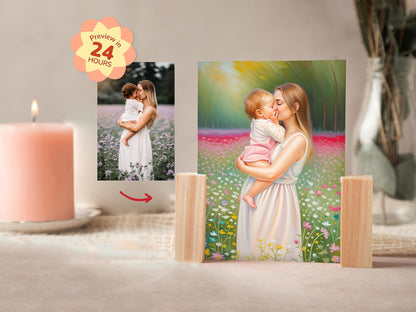 Tabletop display with a photo of a woman holding a baby and a candle, with a 'Preview in 24 Hours' label.