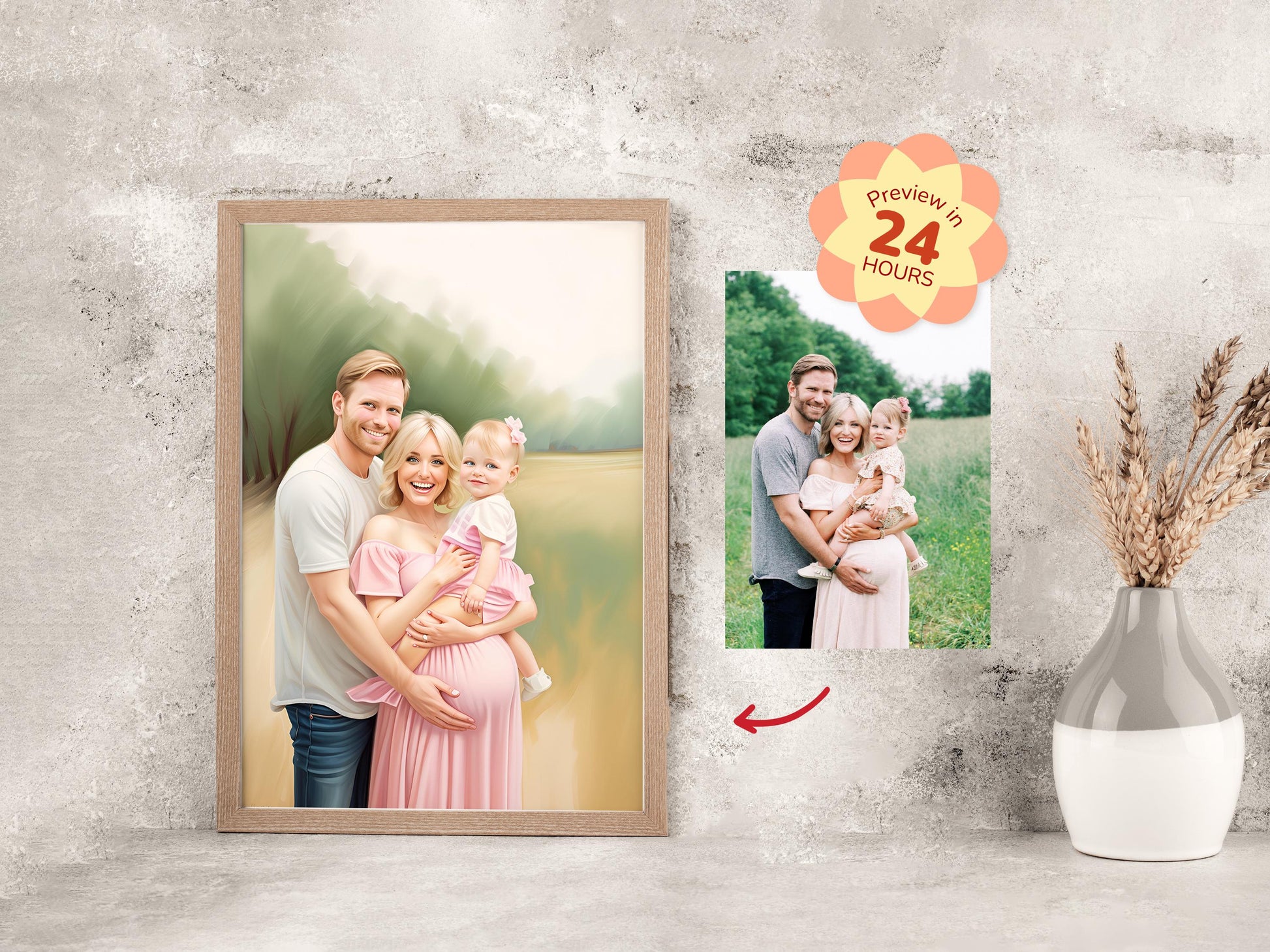 Framed family photo on a wall with a preview badge indicating '24 hours'.