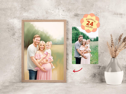 Framed family photo on a wall with a preview badge indicating '24 hours'.