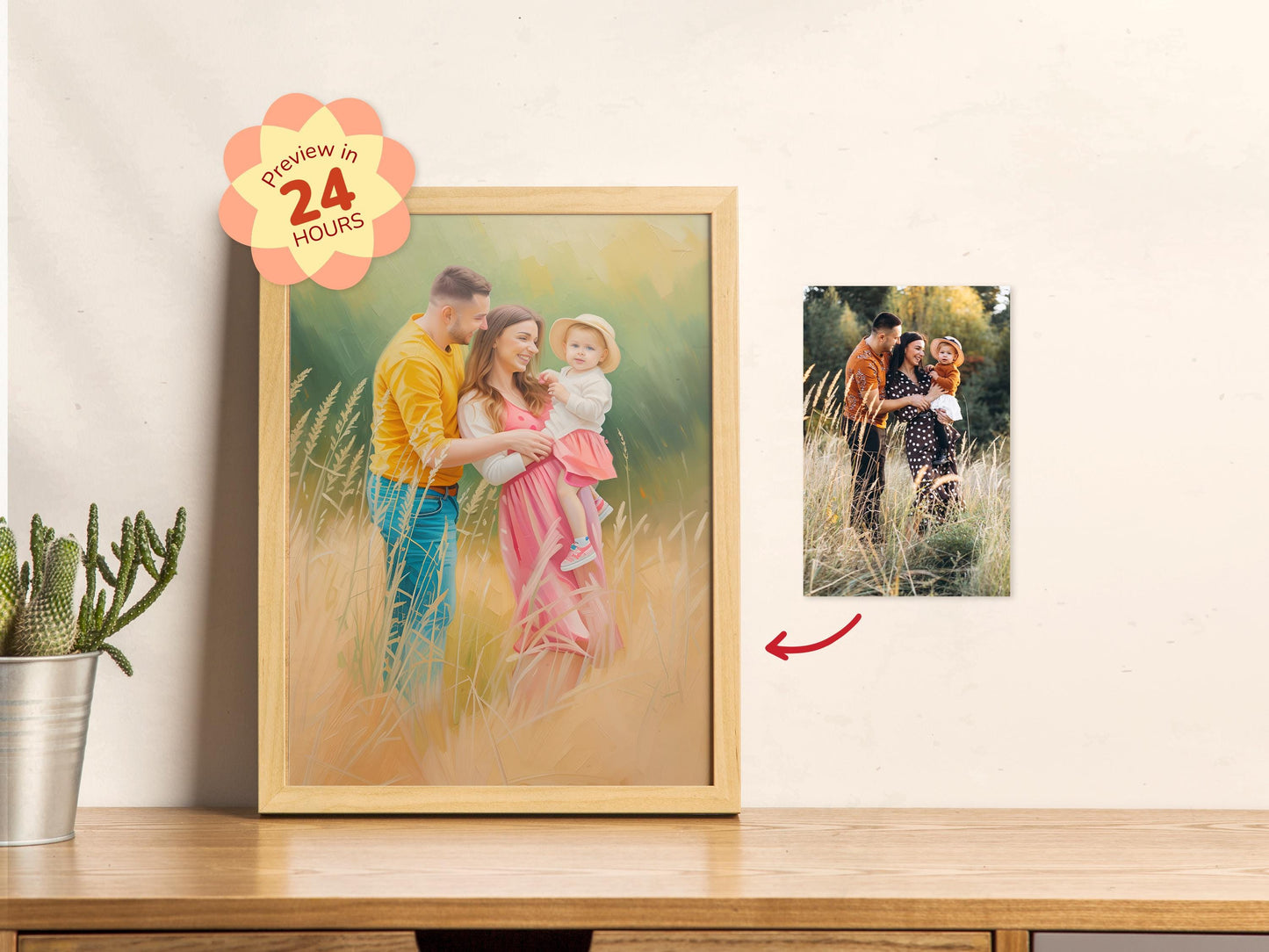 Framed family photo on a table with a smaller inset photo and text overlay.