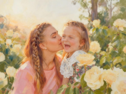 Woman kissing a child on the cheek amidst yellow flowers