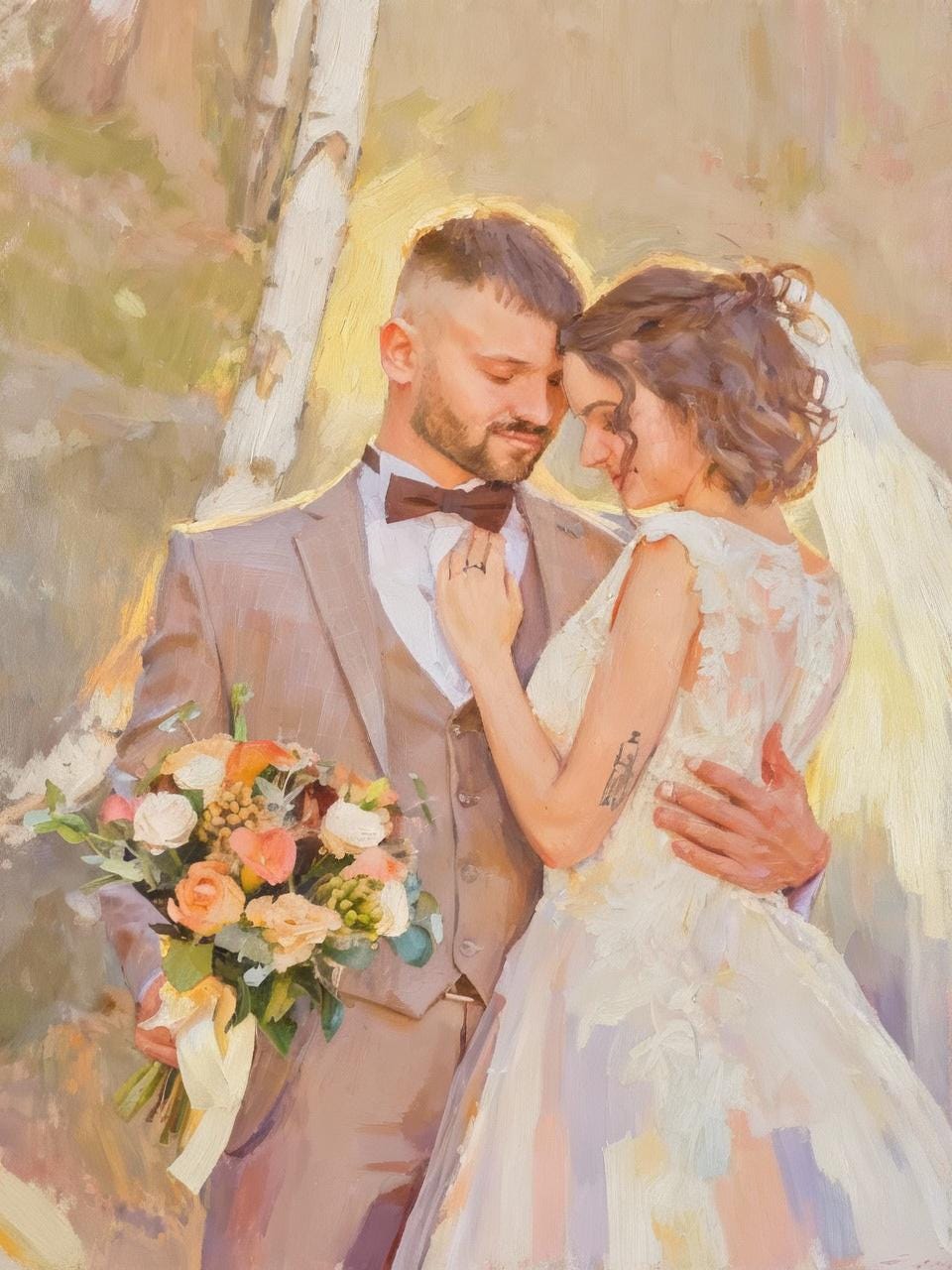 Painting of a couple embracing with a bouquet in a natural setting