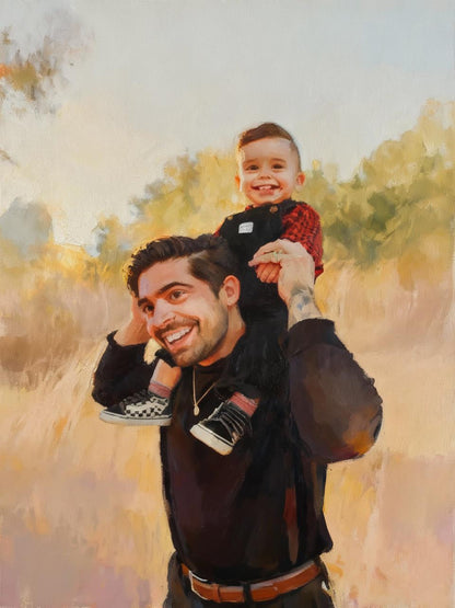 Man carrying a child on his shoulders with a blurred natural background