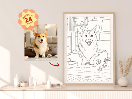 Framed coloring book with a corgi illustration and a real corgi photo on a shelf.