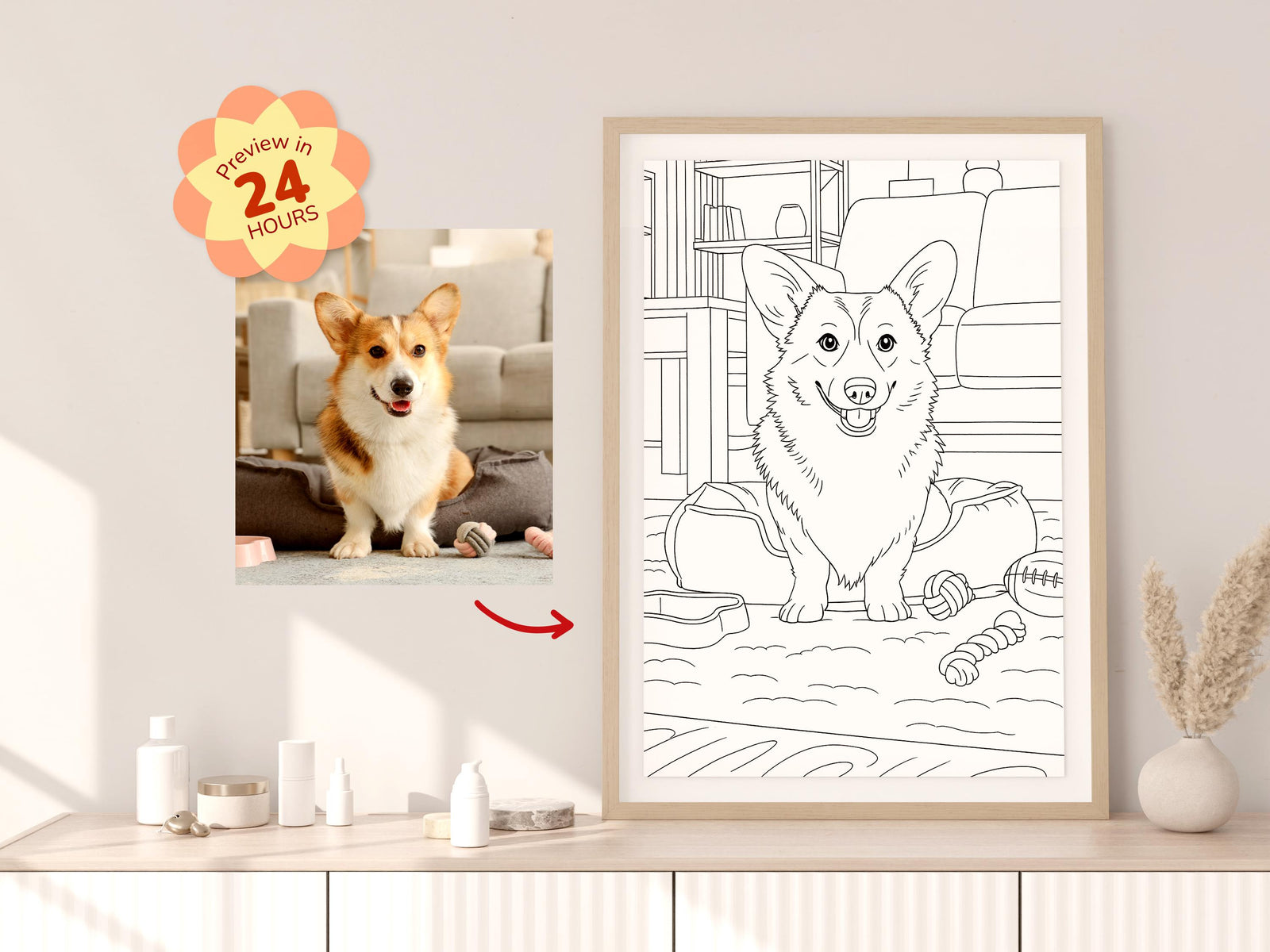 Framed coloring book with a corgi illustration and a real corgi photo on a shelf.