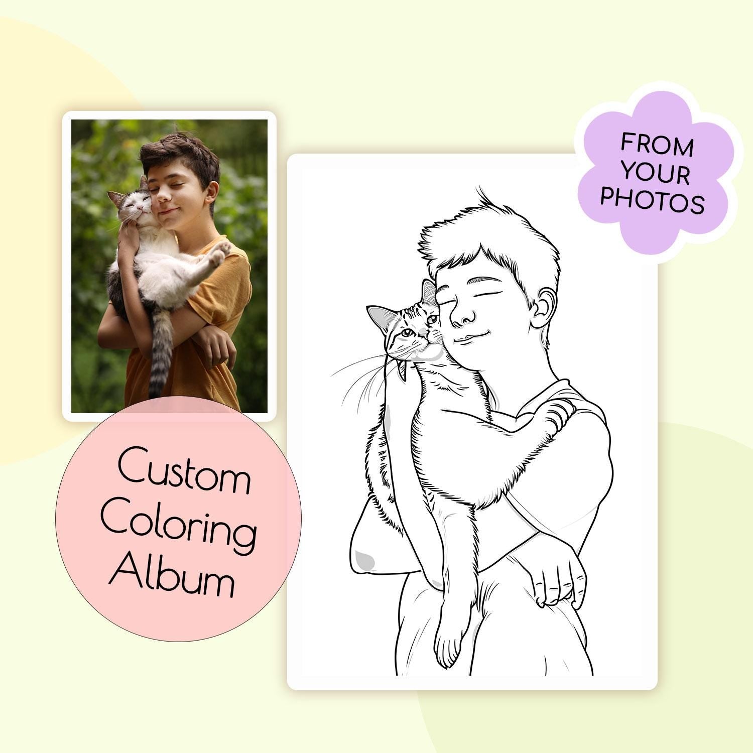Custom coloring album with a photo of a person holding a cat and a line drawing of the same scene.