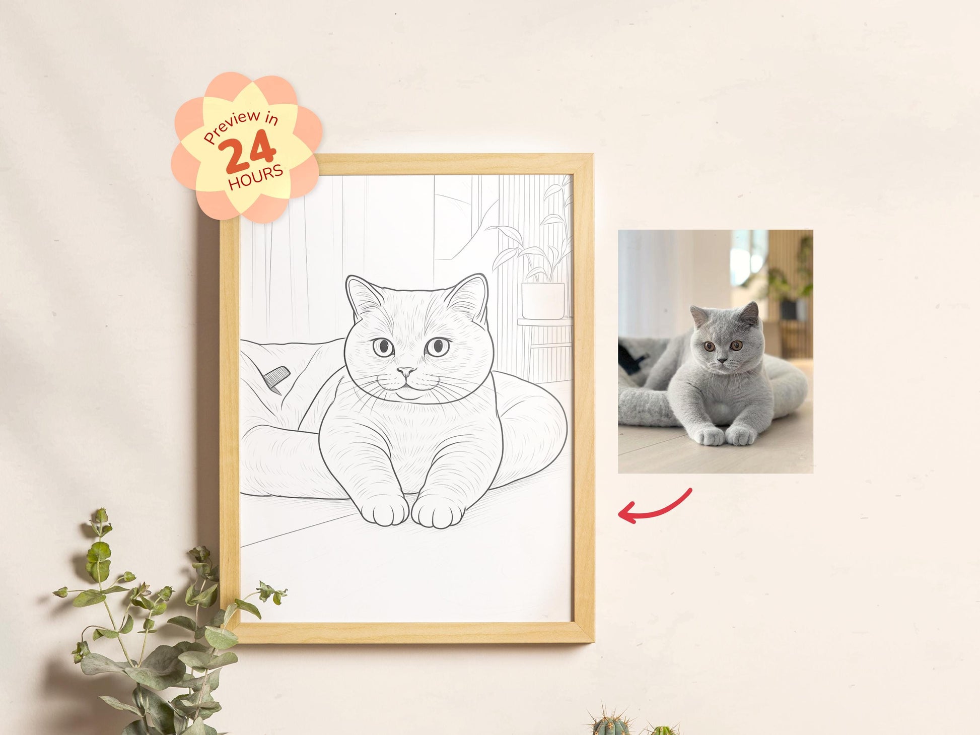 Framed line drawing of a cat next to a photo of a real cat on a wall.