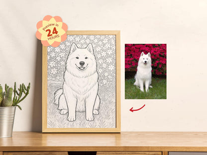 Framed coloring book page of a white dog with a photo of a real white dog on a grassy area.