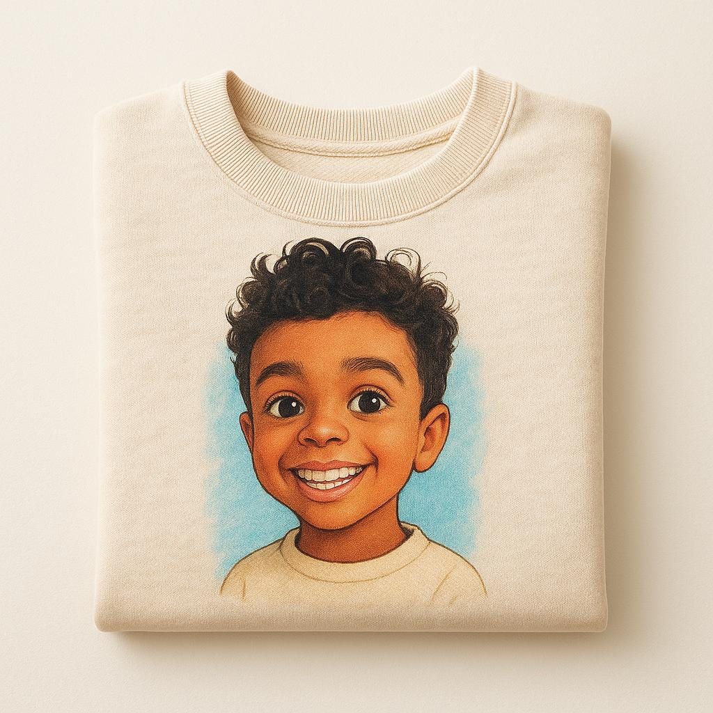 Folded sweatshirt with a cartoon illustration of a young boy on a light beige background
