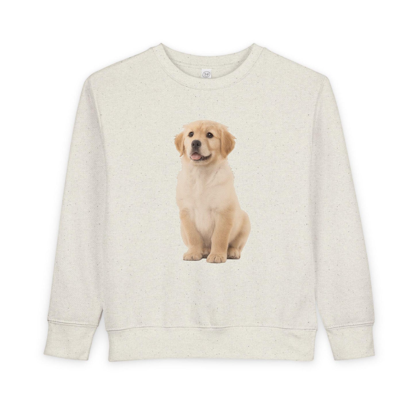Sweatshirt with a printed image of a golden retriever puppy on a white background
