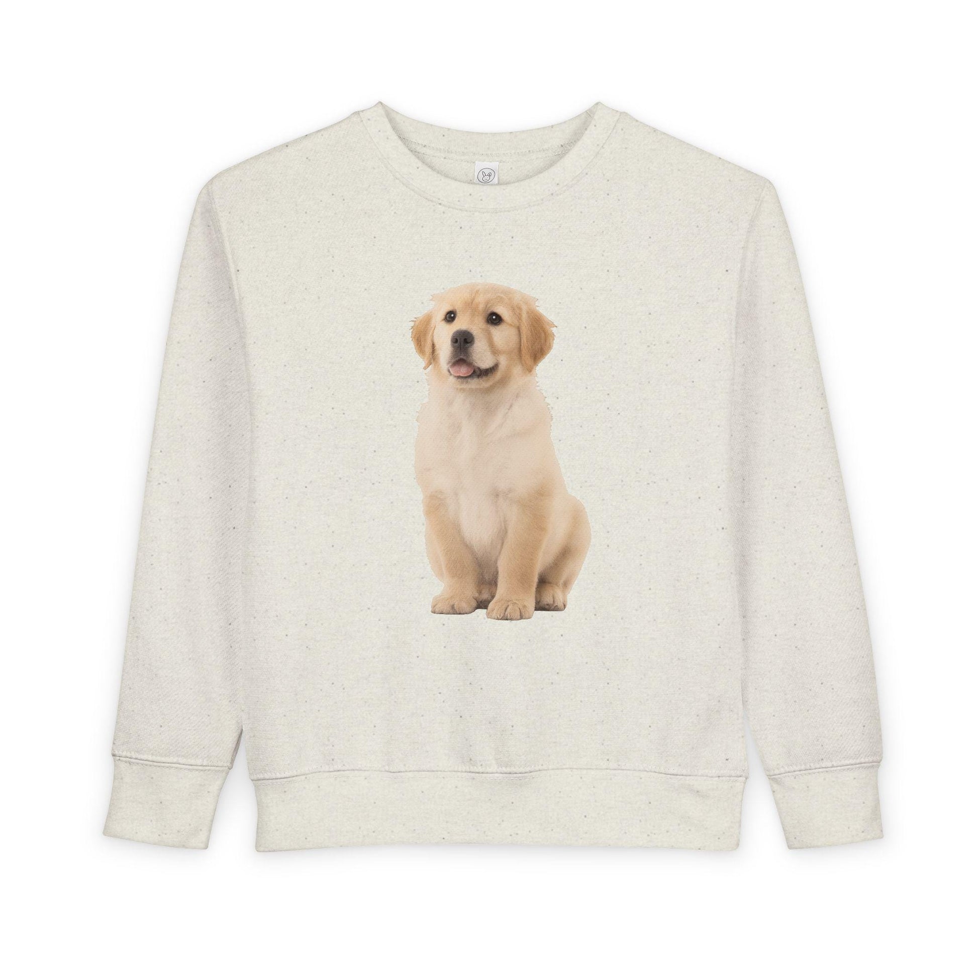 Sweatshirt with a printed image of a golden retriever puppy on a white background
