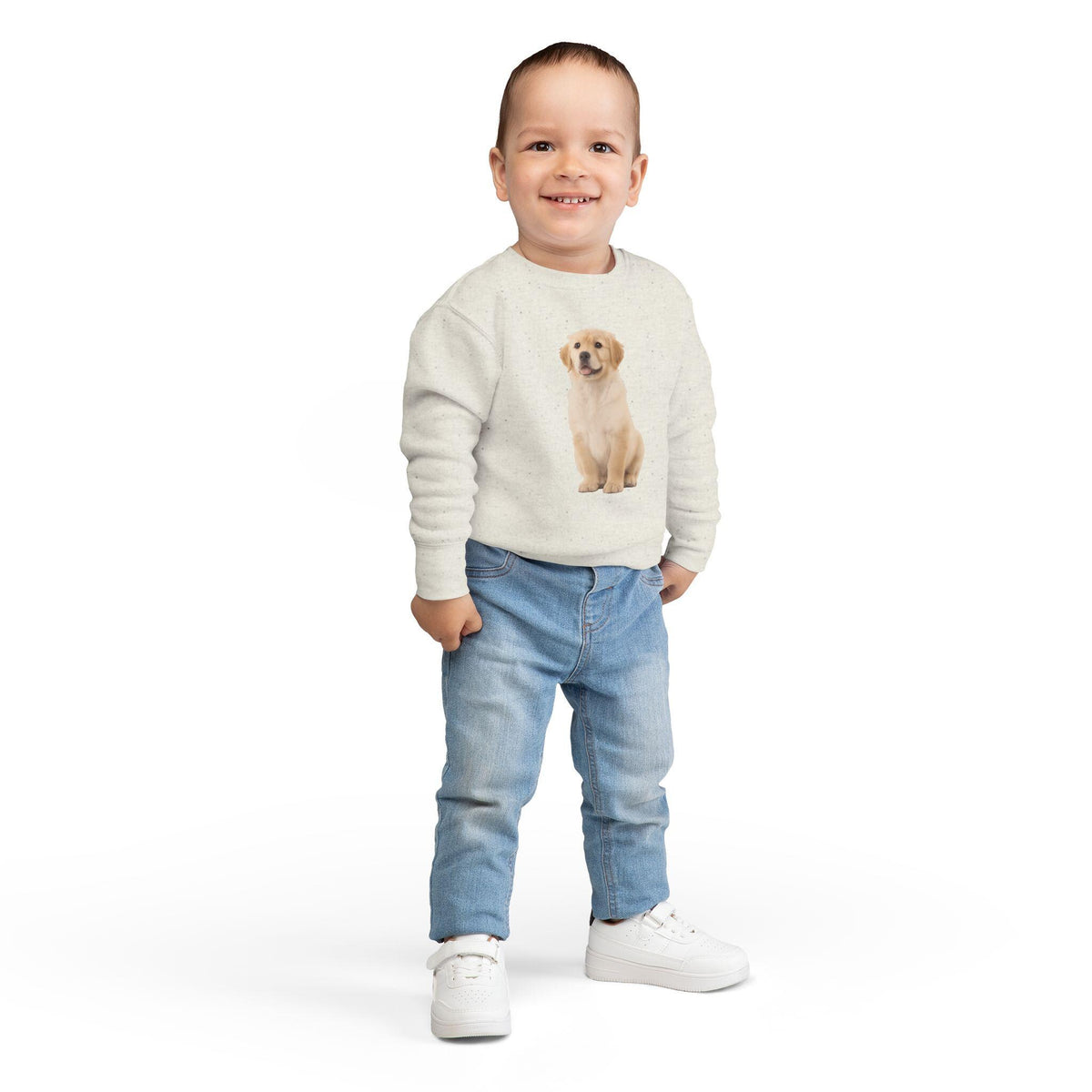 Child wearing a sweater with a dog design on a white background