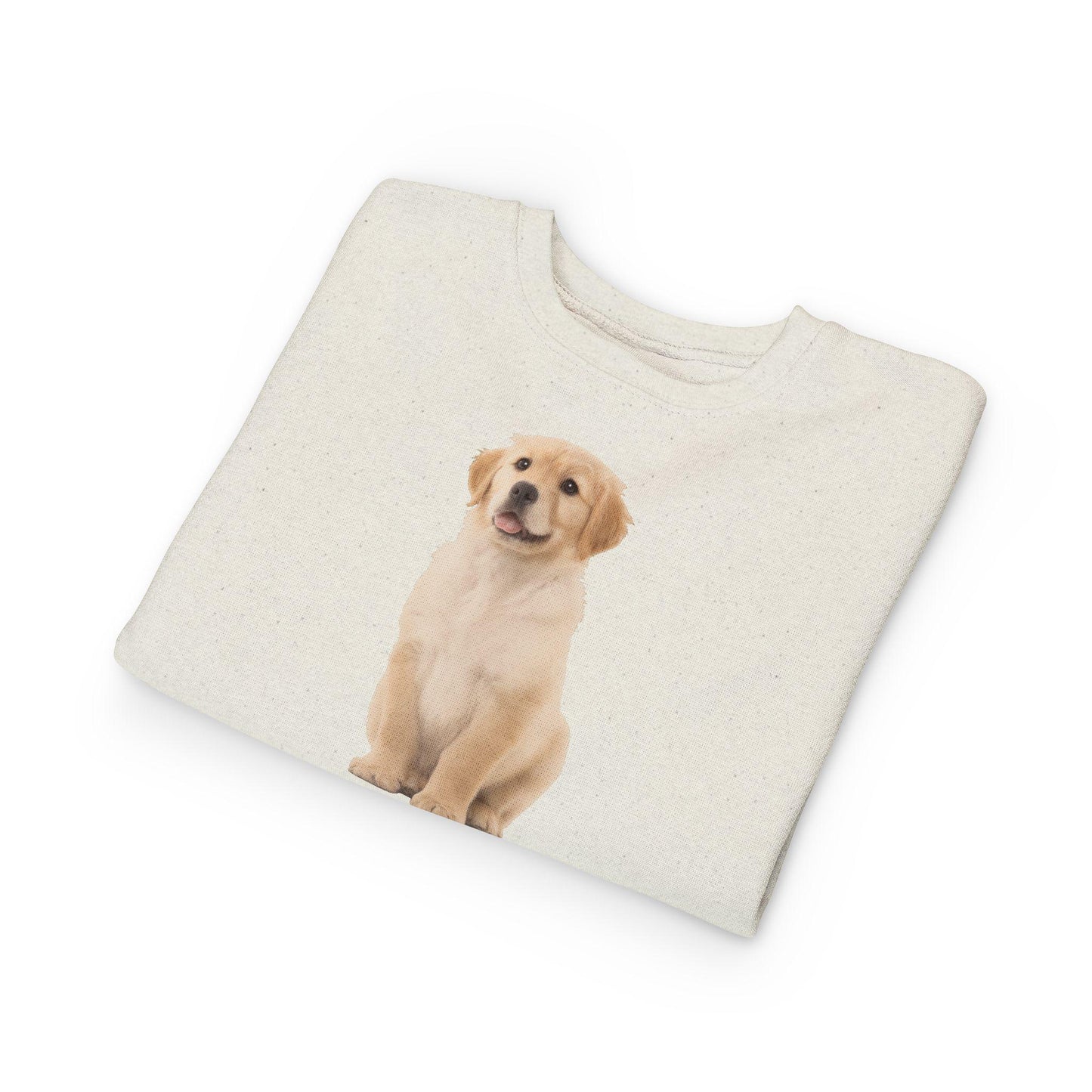 Folded sweatshirt with a golden retriever puppy print on a white background