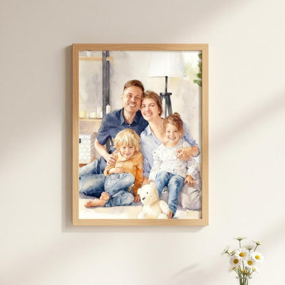 Framed family photo on a wall with a vase of flowers in the corner