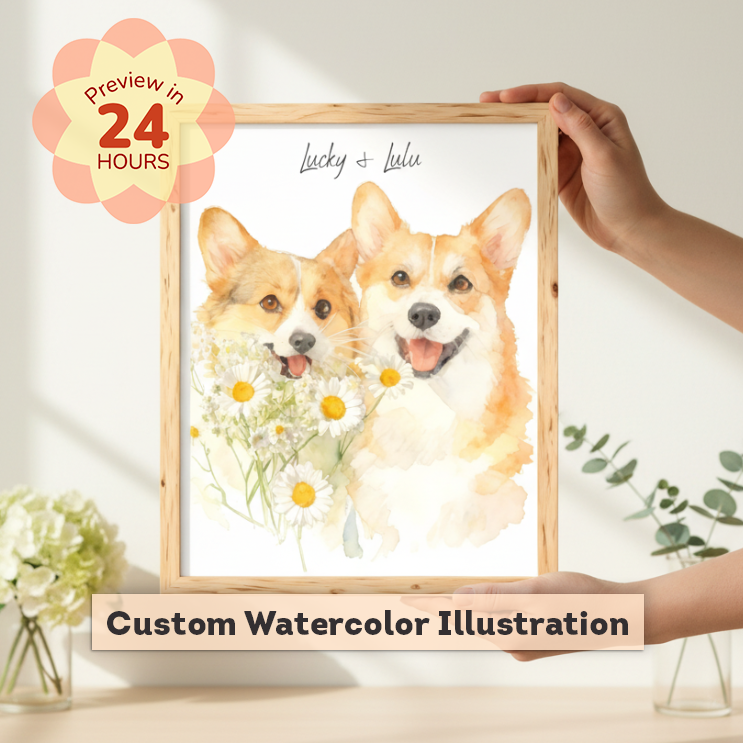 Framed custom watercolor illustration of two dogs with flowers, held by a hand.