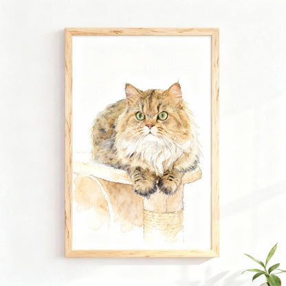 Framed artwork of a cat with a wooden frame on a white wall.