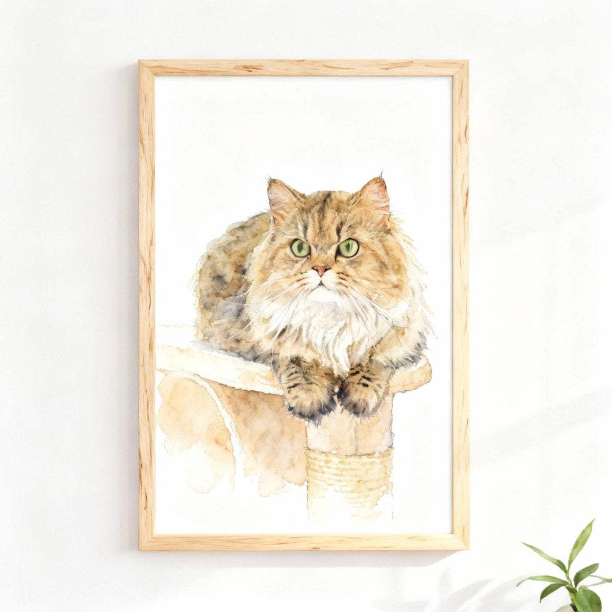 Framed artwork of a cat with a wooden frame on a white wall.