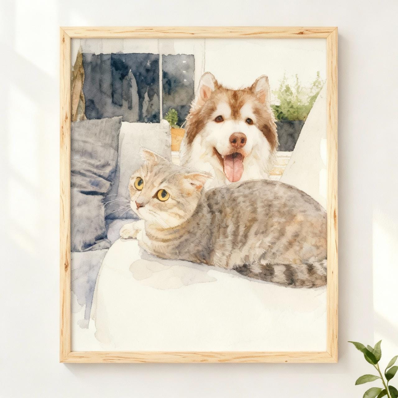 Framed artwork of a dog and cat sitting together on a couch.