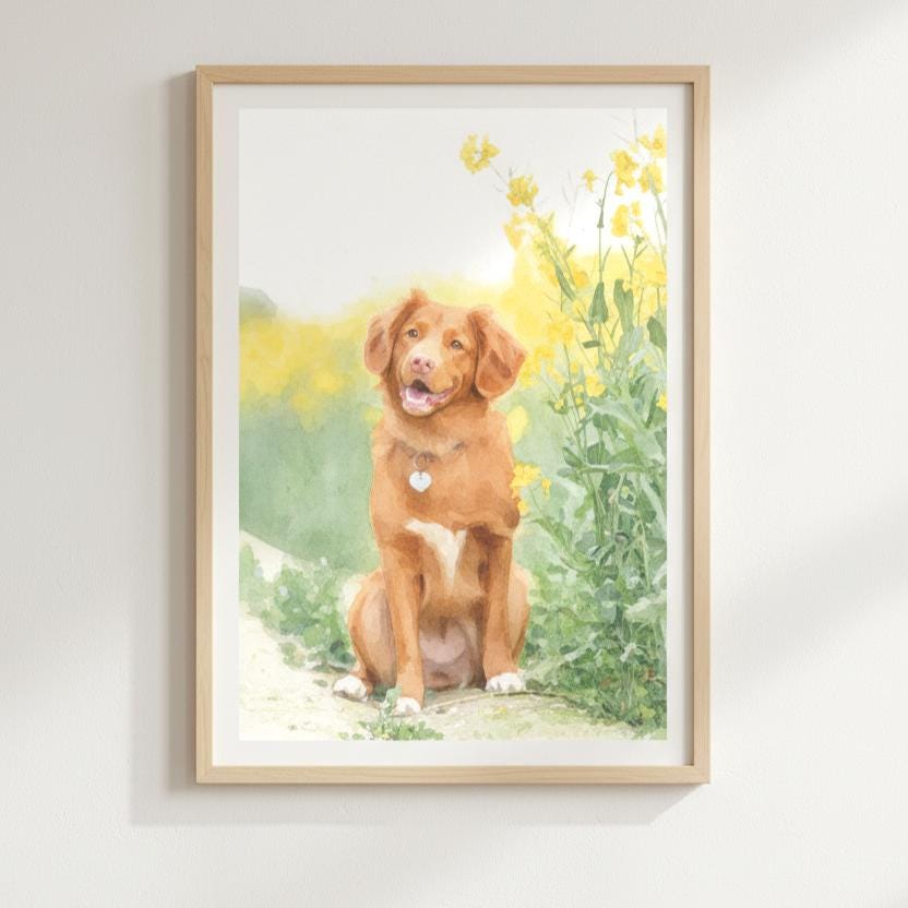 Framed artwork of a brown dog sitting among yellow flowers on a white wall.